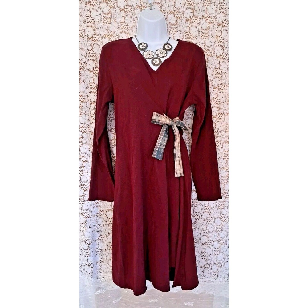 Order Plus Dress Size L Maroon Shirt Dress‎ w/tie Long Sleeve V-Neck Spandex NWT